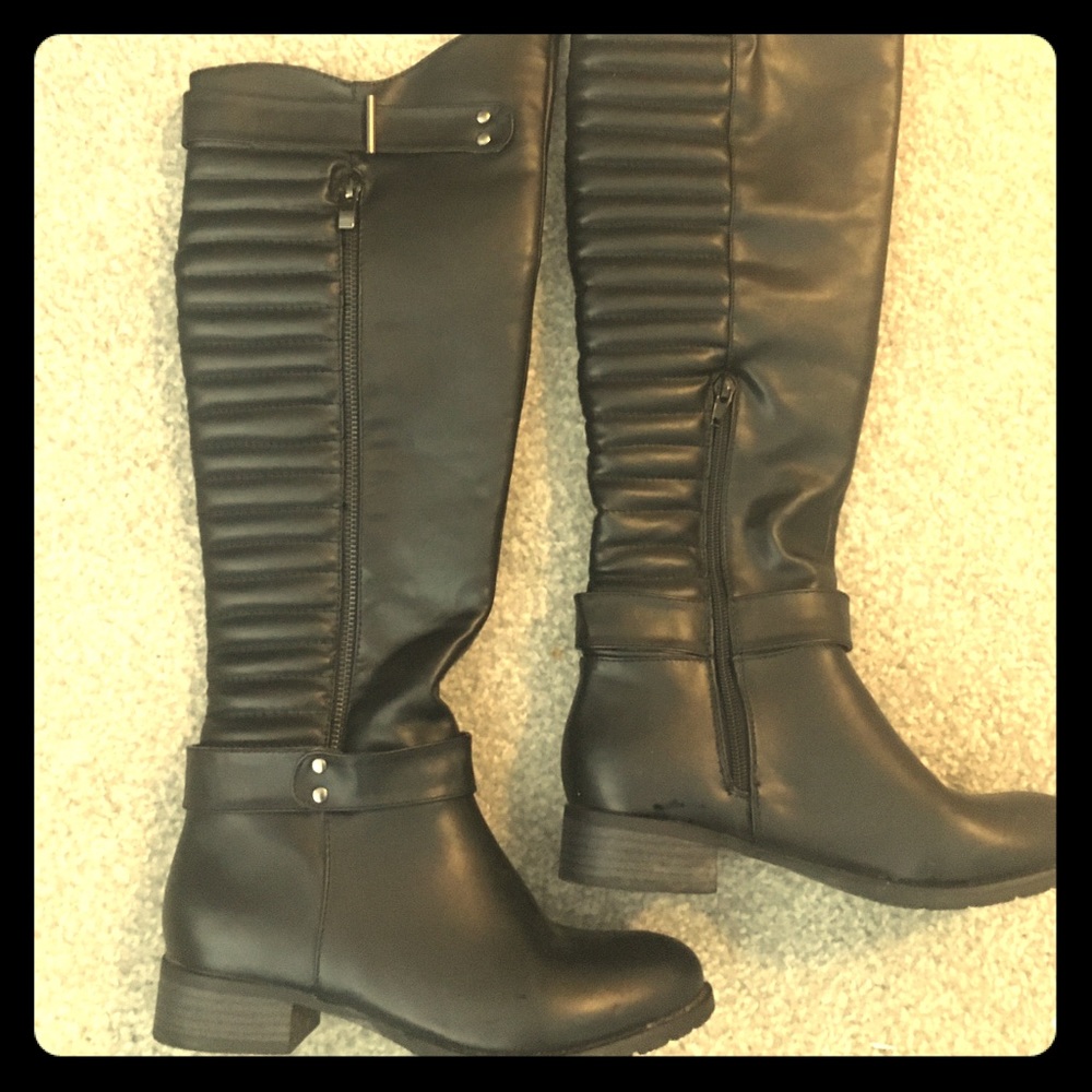 Black faux lather knee high boots